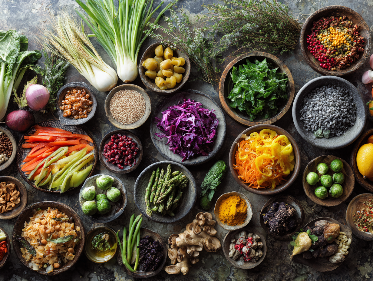 Farebné a zdravé jedlá usporiadané na stole